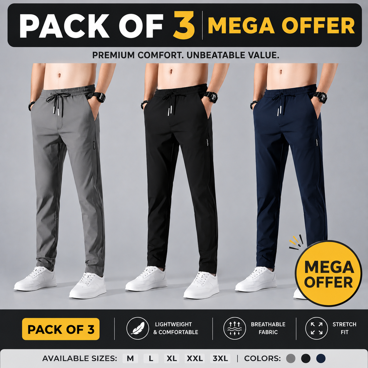 Premium Lycra Men's Track Pants (Black, Grey & Dark Blue) (Buy1 Get 2 Free)